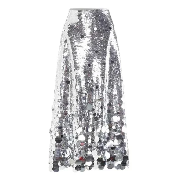 Women Midi Skirt Full Sequin Silver Size 2XL Tall Lined Decorated Mid Rise - Picture 7 of 14